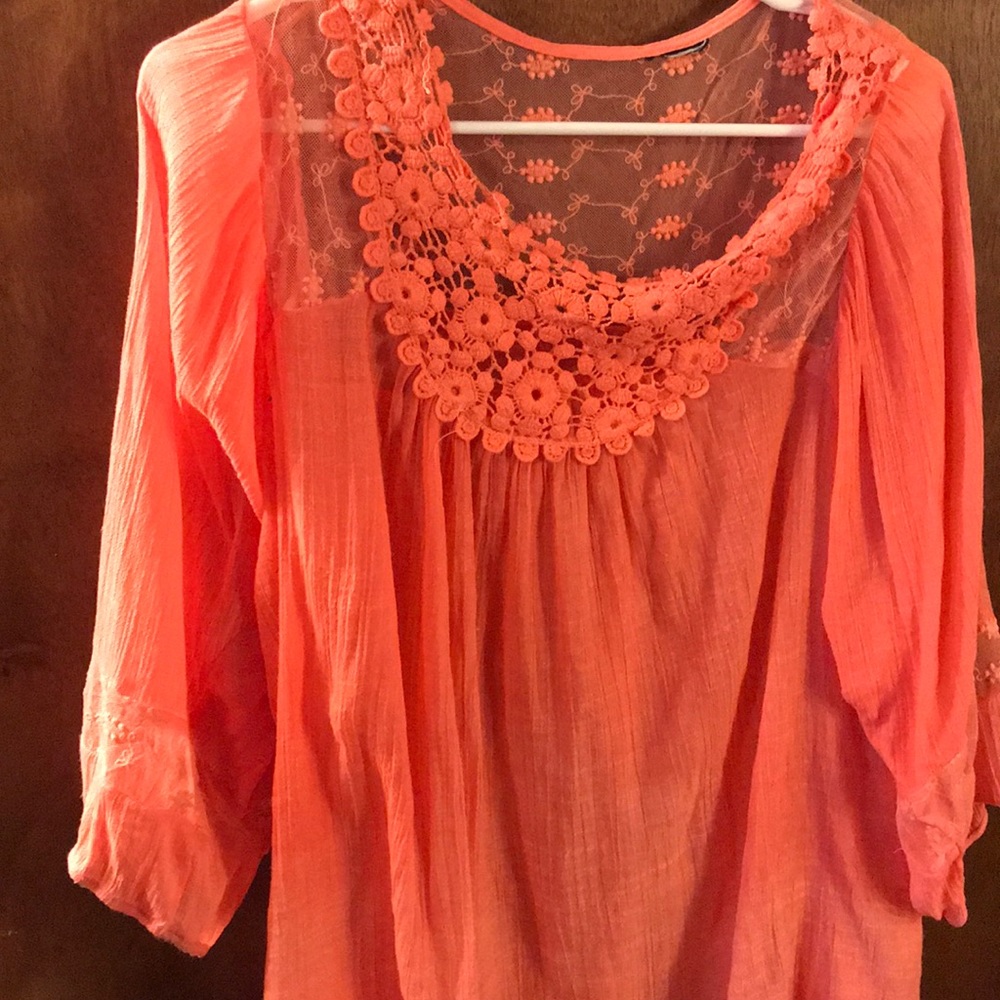 Peach lace detailed Sheer top